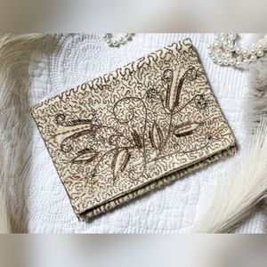 Vintage 1950’s Gold Beaded Fold Over Evening Bag Clutch W/ Change Pouch.…